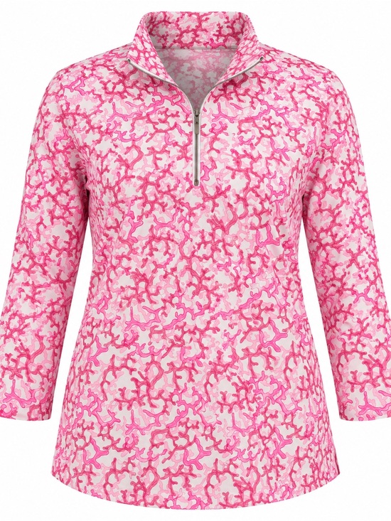 Lulu-B Tops - Lulu B Plus Size 2X Pink White Coral 1/4 Zip Pullover Nautical Coastal Beachy